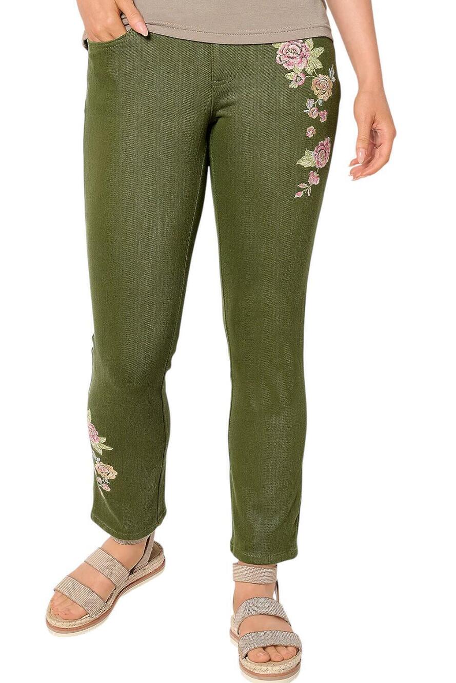 Belle by Kim Gravel Women's Floral Straight Leg Ankle Jeans Green - Petite